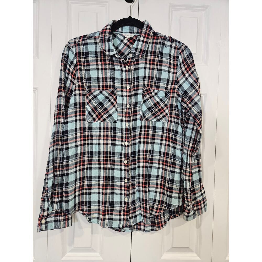 Aeropostale Womens Button Down Flannel L Blue Red Plaid Front Pocket Long Sleeve